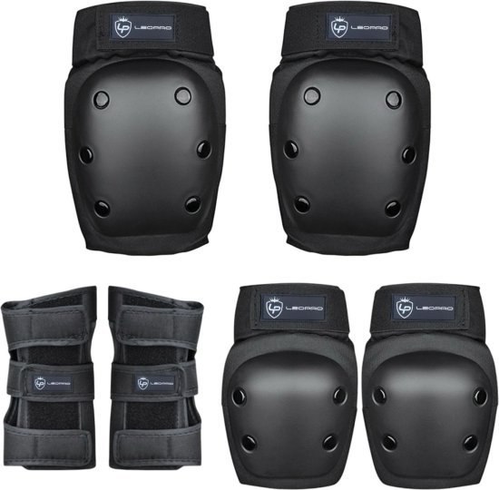 סט מגנים 6 חלקים מקצועי (מרפקים, ברכיים ופרקי כף היד) מבית Leo Pro - צבע שחור - מידה S