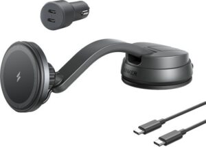 מציאון ועודפים - מעמד טעינה מגנטי אלחוטי לרכב כולל כבל טעינה ומטען לרכב עם 2 יציאות Anker MagGo - צבע שחור